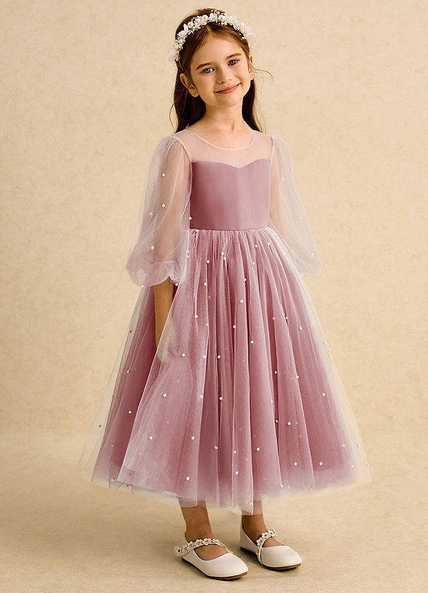 Azazie Trudy Flower Girl Dresses Antique Rose Ball-Gown Sweetheart Neckline Tulle Dress image1