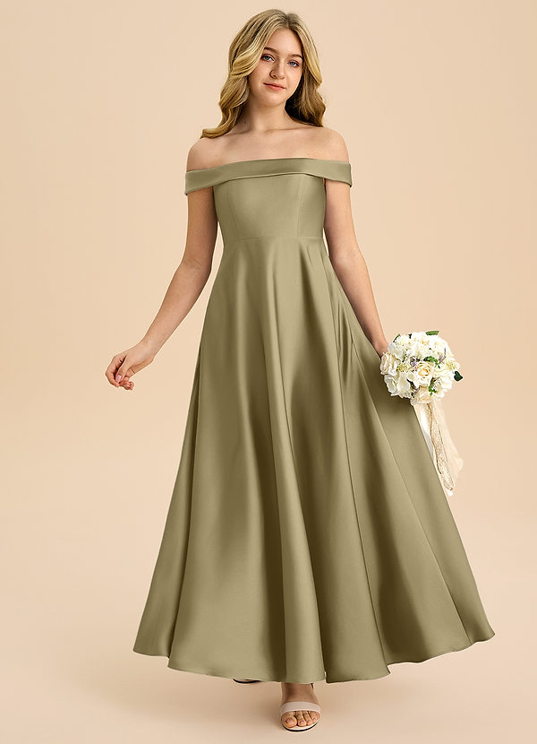 Azazie Sissy Junior Abito A-Line in Raso Elasticizzato a Spalla Scoperta Verde Muschio image1