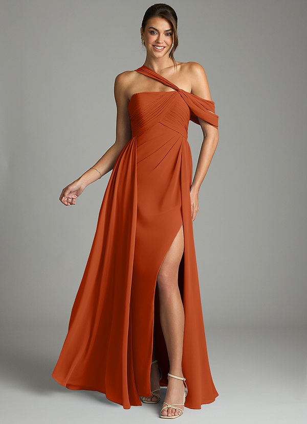 Azazie Kassandra 신부 들러리 드레스 A라인 오프 더 숄더 쉬폰 바닥 길이 드레스 image1