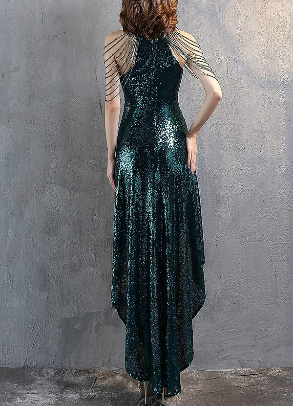 back Midnight Stunner Dark Emerald Sequin Halter High Low Dress