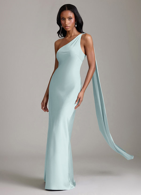 Azazie Juniper Bridesmaid Dresses Vestido Névoa de Cetim elástico de sereia com Um ombro image1