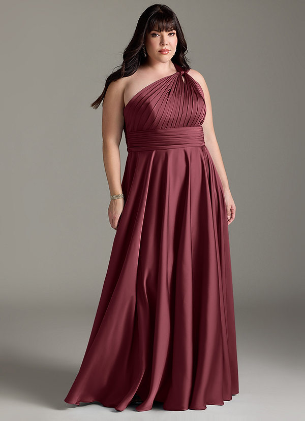 Azazie Charlize Bridesmaid Dresses Merlot A-Line One Shoulder Stretch Satin Dress image1