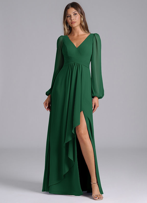Azazie Liah Robes de demoiselle d'honneur Robe Trapèze en Mousseline de soie Manches longues Vert Foncé image1