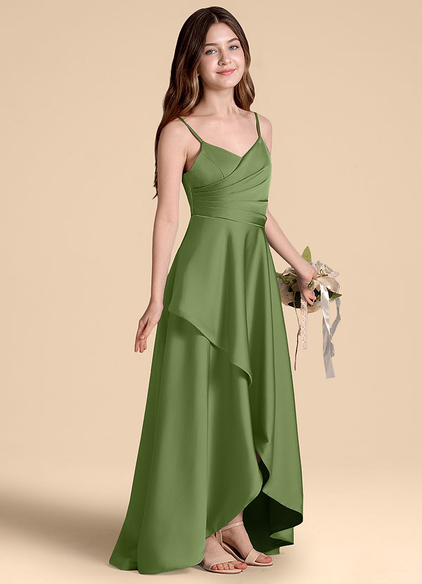 Azazie Prisha Junior Juniper A-Line Pleated Stretch Satin Dress image1