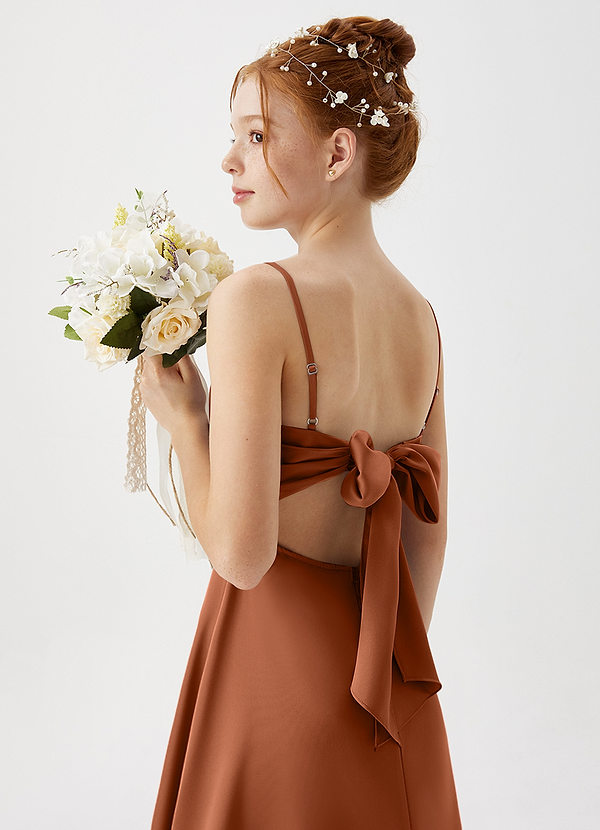 Azazie Shale Junior Copper A-Line Stretch Satin Dress image1