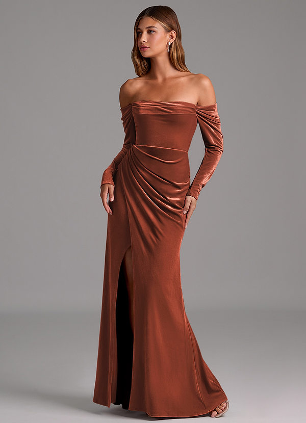 Azazie Hallie Bridesmaid Dresses Vestido Terracota de Veludo de sereia com Manga comprida image1