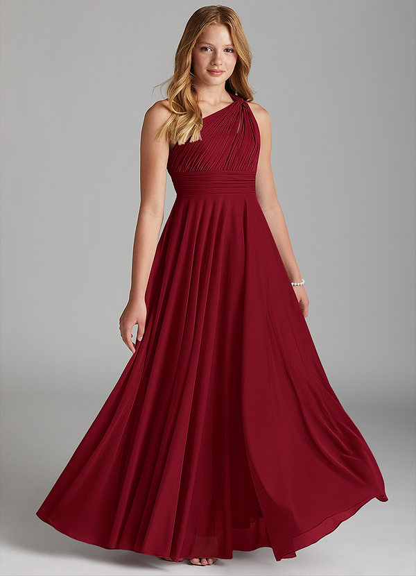 Azazie Charlize Junior Burgundy A-Line Mesh Dress image1