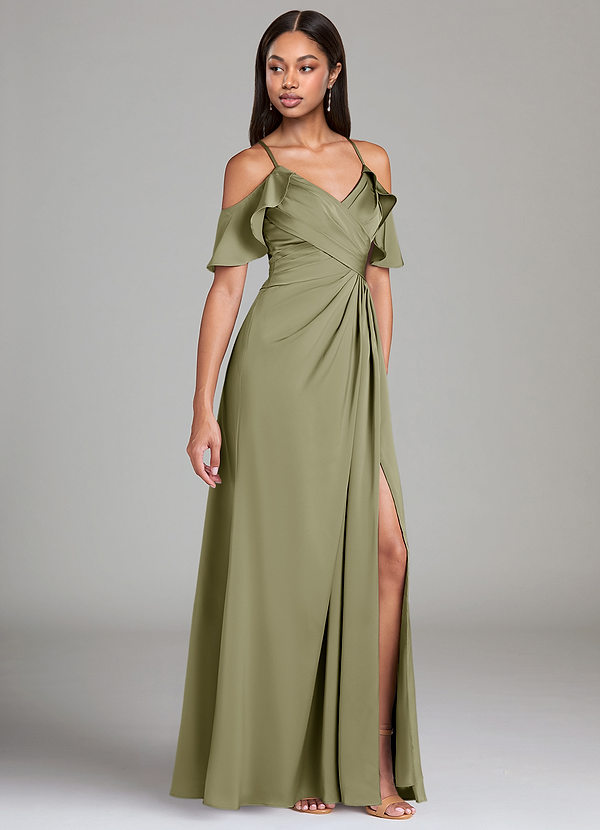 Azazie Dakota Bridesmaid Dresses Pistachio A-Line Off the Shoulder Stretch Satin Dress image1