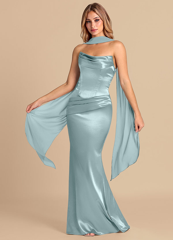 Azazie Sorrel 신부 들러리 드레스 인어 코르셋 메탈릭 새틴 바닥 길이 드레스 image1