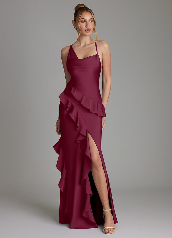 Azazie Jayda Bridesmaid Dresses Mulberry A-Line Ruched Stretch Satin Dress image1