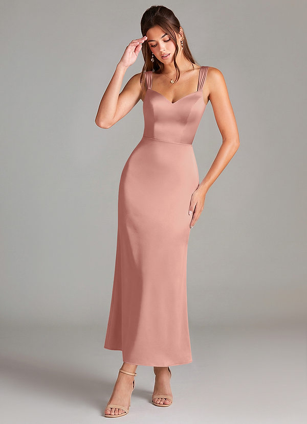 Azazie Denice 신부 들러리 드레스 쉬스 주름진 스트레치 새틴 발목 길이 드레스 image1