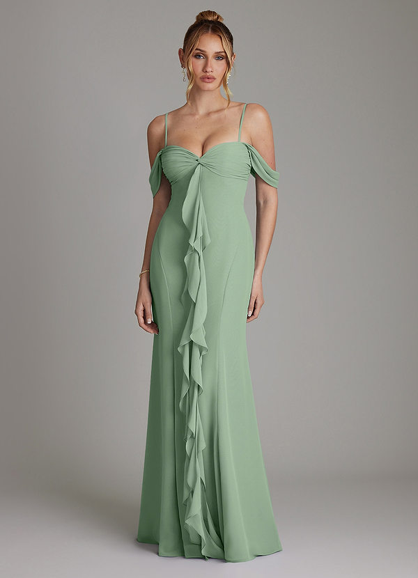 Azazie Karmela Bridesmaid Dresses Matcha A-Line Off the Shoulder Chiffon Dress image1