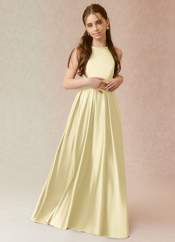Azazie Arianthe Junior Lemon Sorbet A-Line with Pockets Stretch Satin Dress image1
