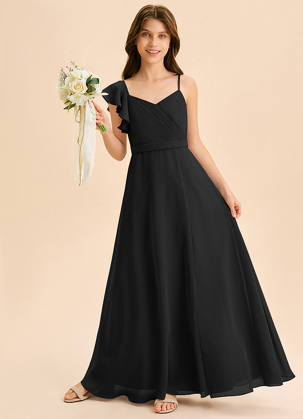 Azazie Kelsea Junior Abito A-Line in Chiffon Increspato Nero image1