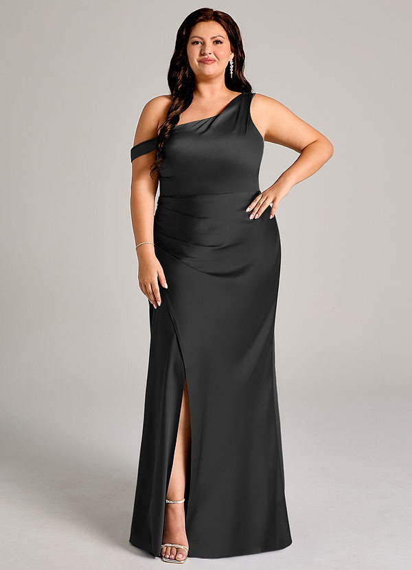 Azazie Madelyn Bridesmaid Dresses Black Mermaid One Shoulder Stretch Satin Convertible Dress image1