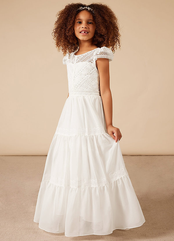 Azazie Evan Flower Girl Dresses A-Line Lace Floor-Length Dress with Sleeves image1