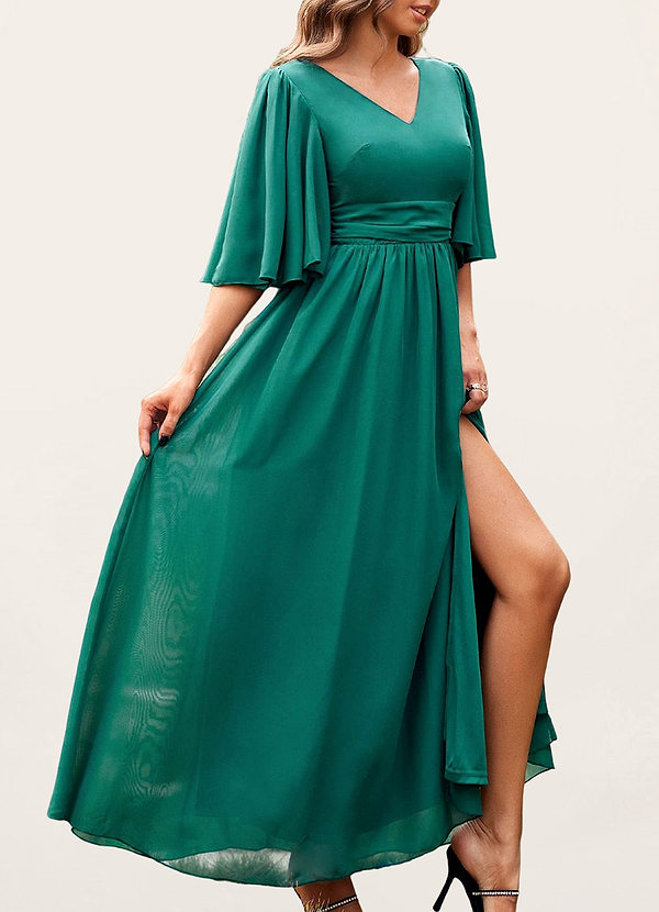 back Fete Fantasy Dark Emerald Flutter Sleeve Maxi Dress