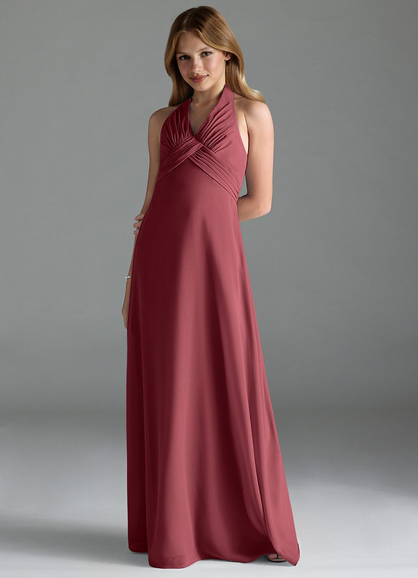 Azazie Tessie Junior Robe Trapèze en Mousseline de soie Plissée Merlot image1