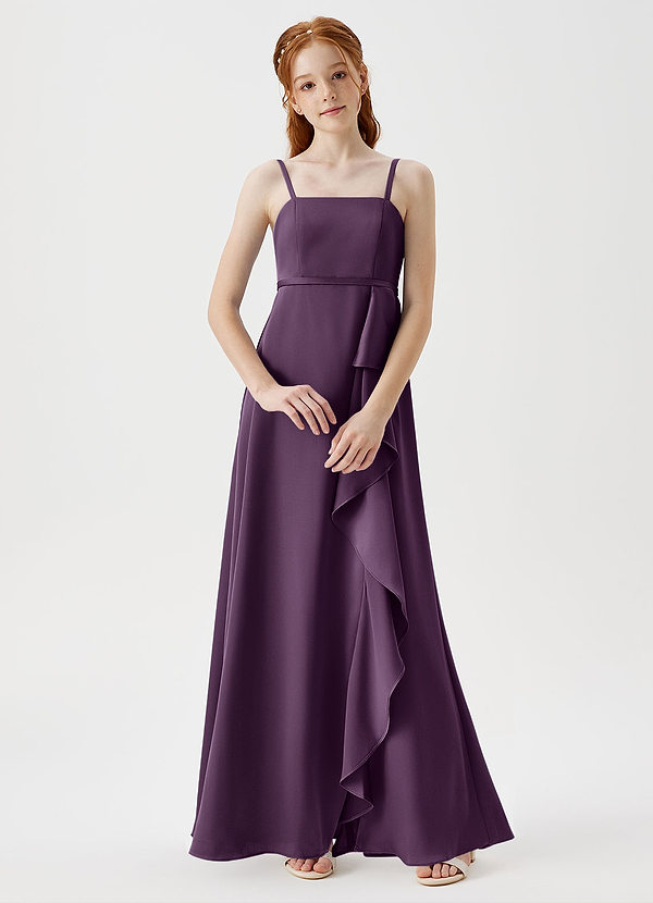 Azazie Kaylee Junior Robe Trapèze en Satin extensible avec ceinture Prune image1