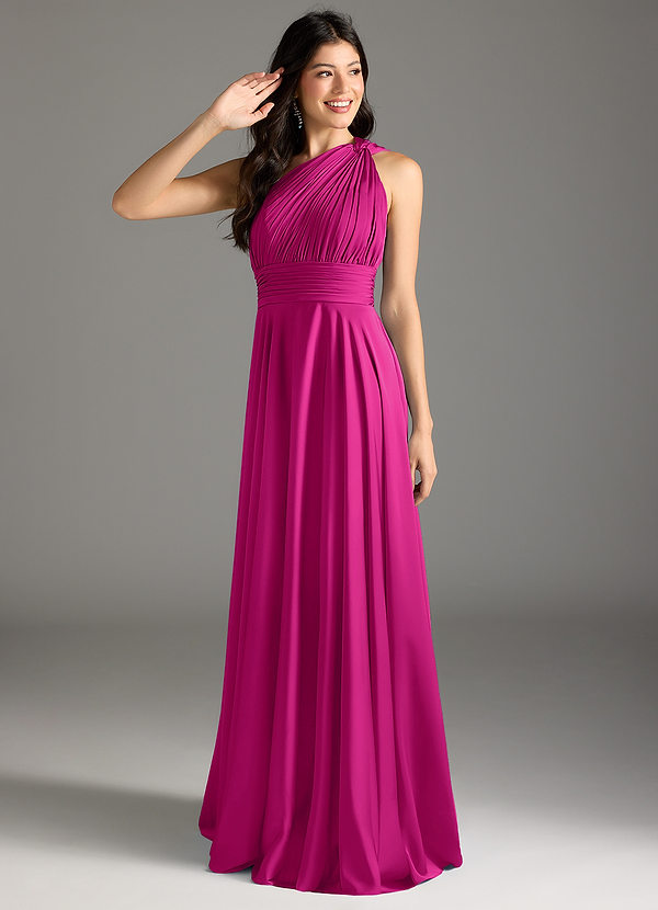 Azazie Charlize Bridesmaid Dresses Fuchsia A-Line One Shoulder Stretch Satin Dress image1
