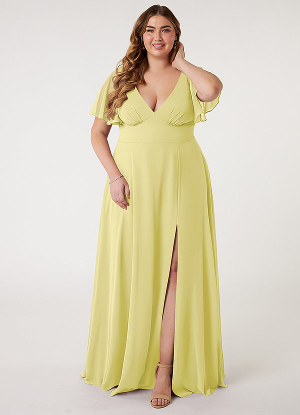 Azazie Kimber Bridesmaid Dresses Lemon Sorbet A-Line Flounce Sleeve Chiffon Dress image1