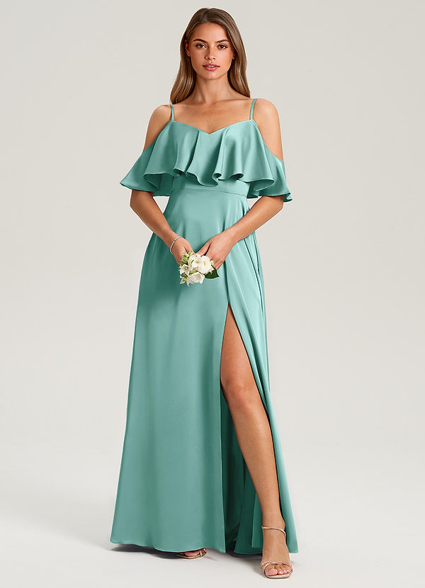 Azazie Jean Bruidsmeisjes Jurken Jurk van Stretch Satijn met A-Lijn Off the Shoulder Aqua image1