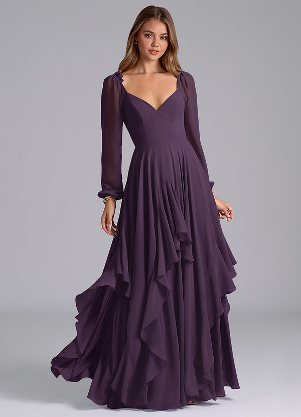 Azazie Karan Bridesmaid Dresses Plum A-Line Long Sleeve Chiffon Dress image1