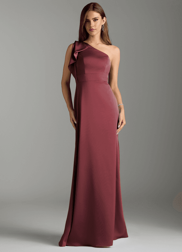 Azazie Rinna Bridesmaid Dresses Merlot Mermaid Ruched Stretch Satin Dress image1
