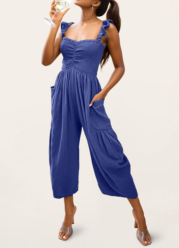 front Cool To Be Casual Cobalt Blue Smocked Sleeveless Jogger Jumpsuit