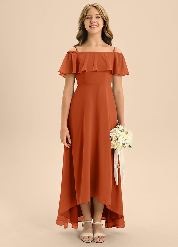 Azazie Maggie Junior A-Linie Schulterfrei Chiffon Kleid Gebranntes Orange image1