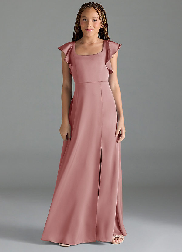 Azazie Bondi Junior Dusty Rose A-Line Side Slit Stretch Satin Dress image1