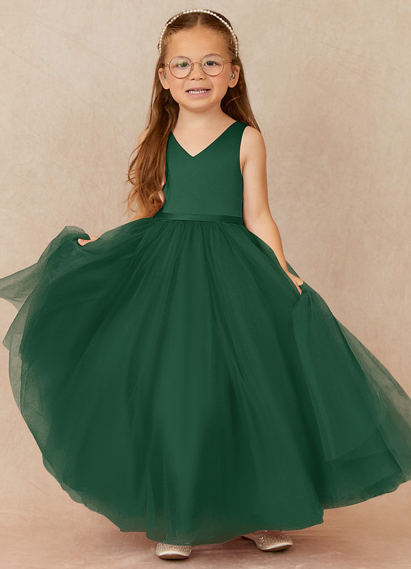 Azazie Marybell Flower Girl Dresses Dark Green A-Line Bow Tulle Dress image1