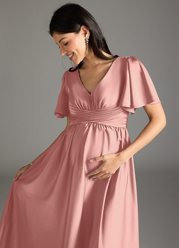Azazie Verna Vestidos de dama de honor de maternidad Vestido de Corte En A Volante Hasta el suelo Satén Elástico image1