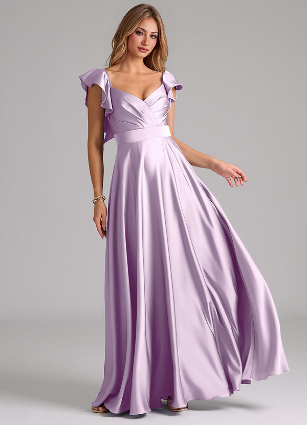 Azazie Leilani Bridesmaid Dresses Frosted Lilac A-Line Ruched Stretch Satin Dress image1