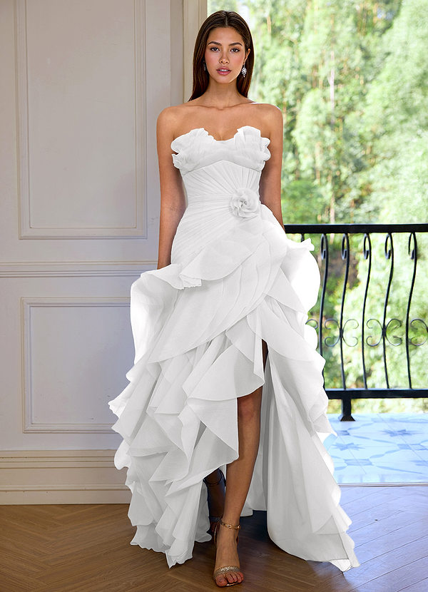 Aurelia Wit Asymmetrische galajurk met bloemenprint, sweetheart-halslijn en ruches. image1