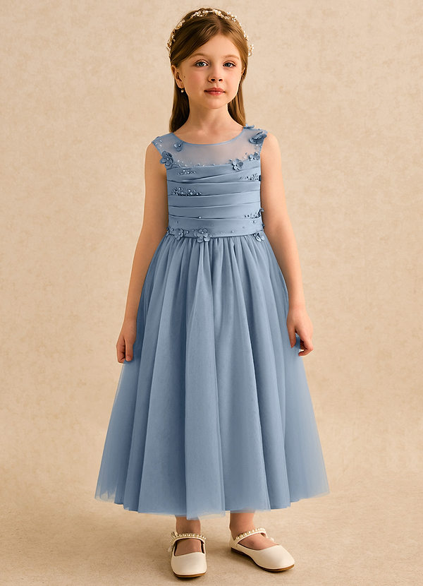 Azazie Snowball Girl Robes de Fillette d'Honneur Robe Princesse en Tulle Plissée Bleu Poussiéreux image1