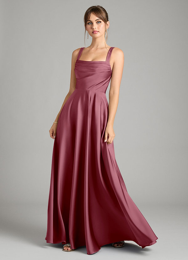 Azazie Shaude Bridesmaid Dresses Desert Rose A-Line Pleated Stretch Satin Dress image1