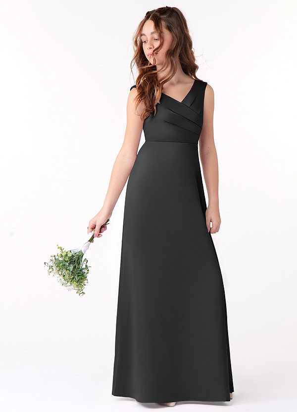 Azazie Sadia Junior Black A-Line Pleated Stretch Satin Dress image1
