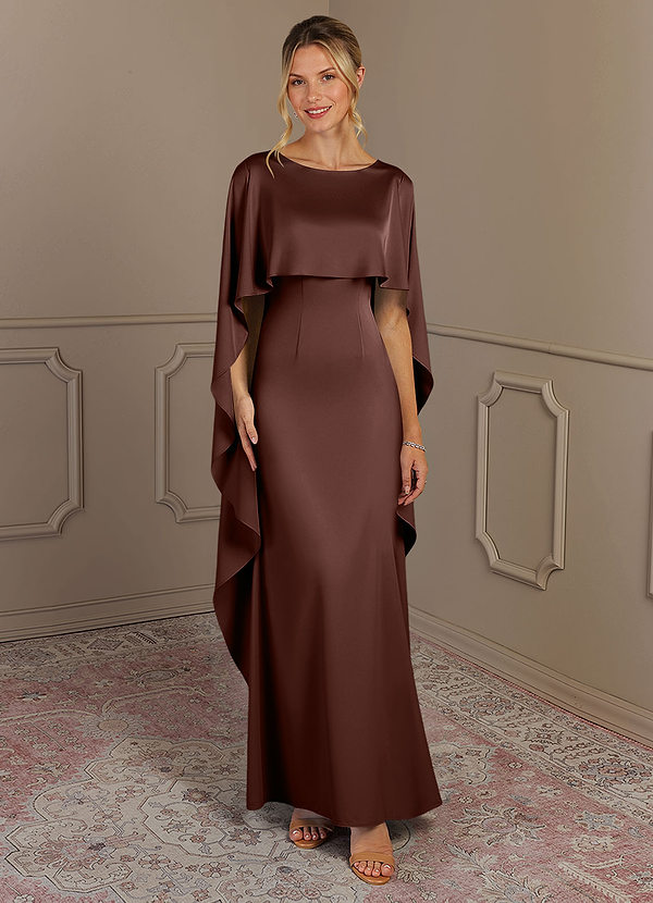 Azazie Eli Mother of the Bride Dresses Vestido Café Expresso de Cetim elástico de Bainha com Gargalo image1