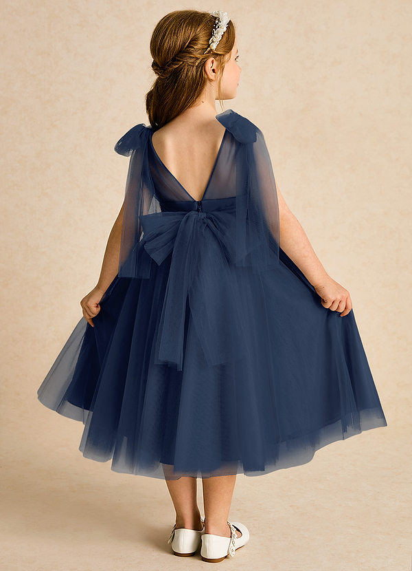 Azazie Dori Robes de Fillette d'Honneur Robe Trapèze en Tulle Rayé Bleu Marine Foncé image1