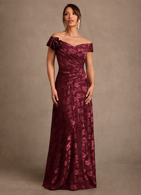 Azazie Bernadette Mother of the Bride Dresses Vestido Cabernet de Esgotamento Floral de Linha A com Fora do ombro image1