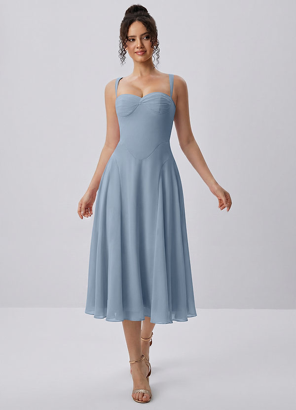 Huguette Azul Polvoriento Vestido midi de gasa con escote corazón y cordones image1