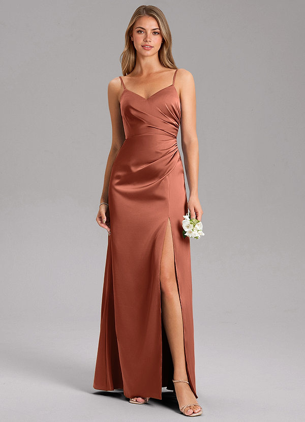 Azazie Azuree Bridesmaid Dresses Clay A-Line Pleated Stretch Satin Dress image1