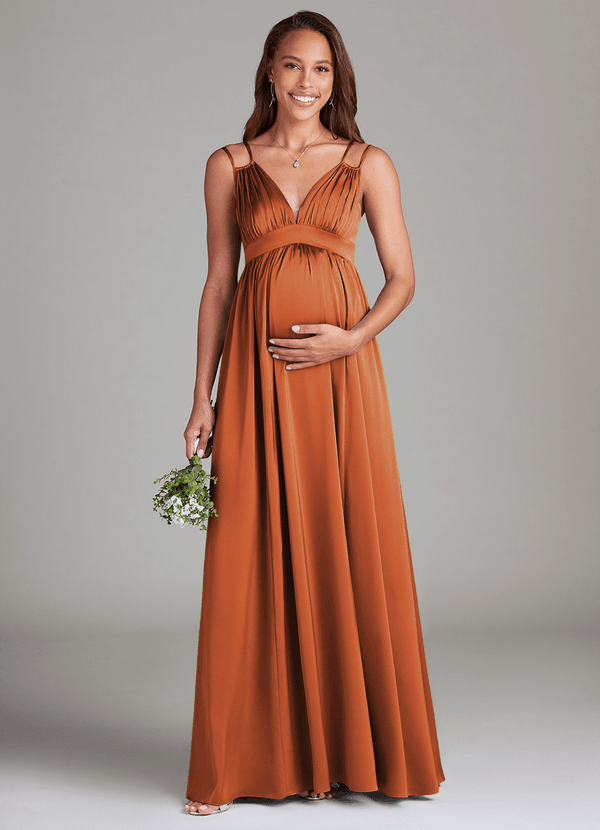 Azazie Emree Maternity Bridesmaid Dresses A-Line Stretch Satin Floor-Length Dress with Pockets image1