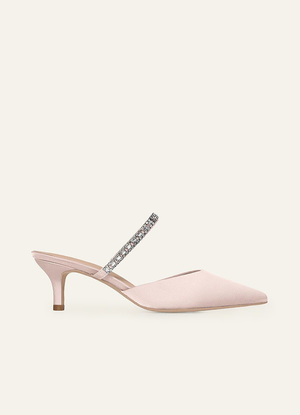 front Matching Color Stretch Satin Rhinestone Slip-on Kitten Heels