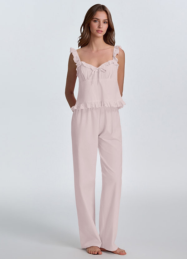 front Blushing Pink Woven Cotton Eyelet Ruffle Cami & Wide Leg Pants Cotton Pajama Set