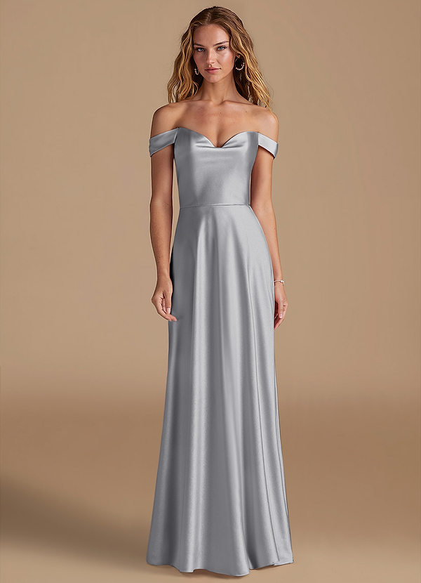 Azazie Jackalin Bridesmaid Dresses Silver A-Line Off the Shoulder Metallic Satin Convertible Dress image1
