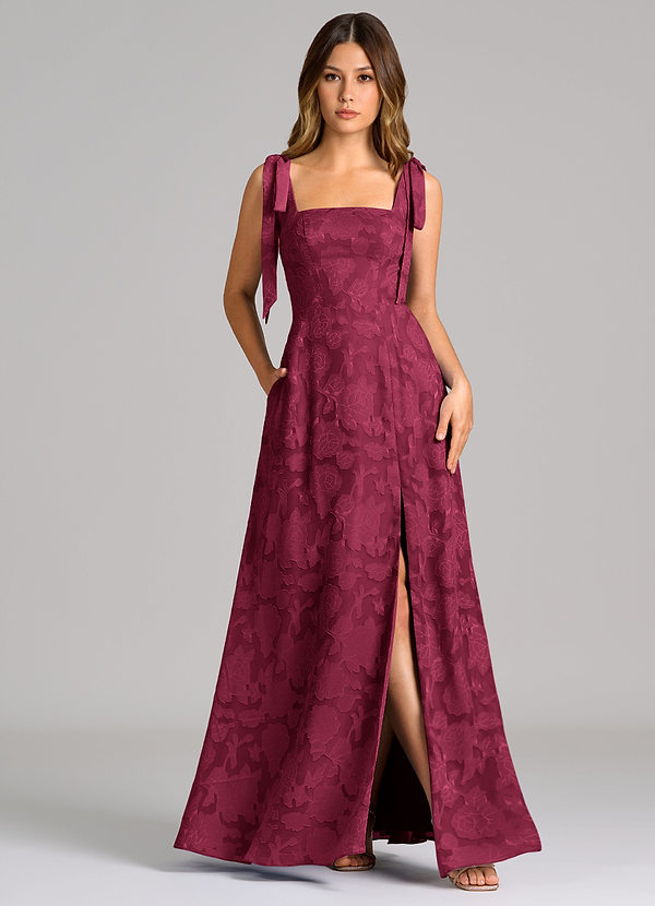 Debra Bridesmaid Dresses Burgundy A-Line with Pockets Floral Burnout Dress image1