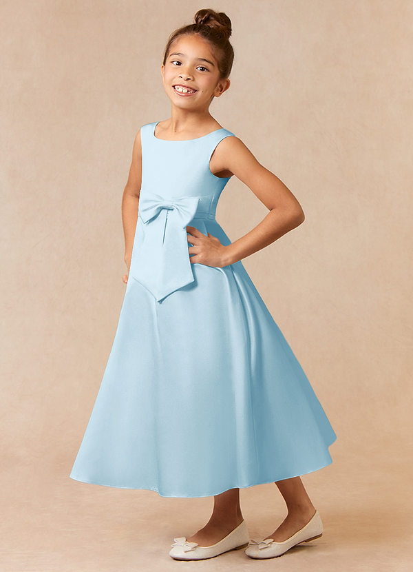 Azazie Lindy Flower Girl Dresses Sky Blue A-Line Pleated Matte Satin Dress image1