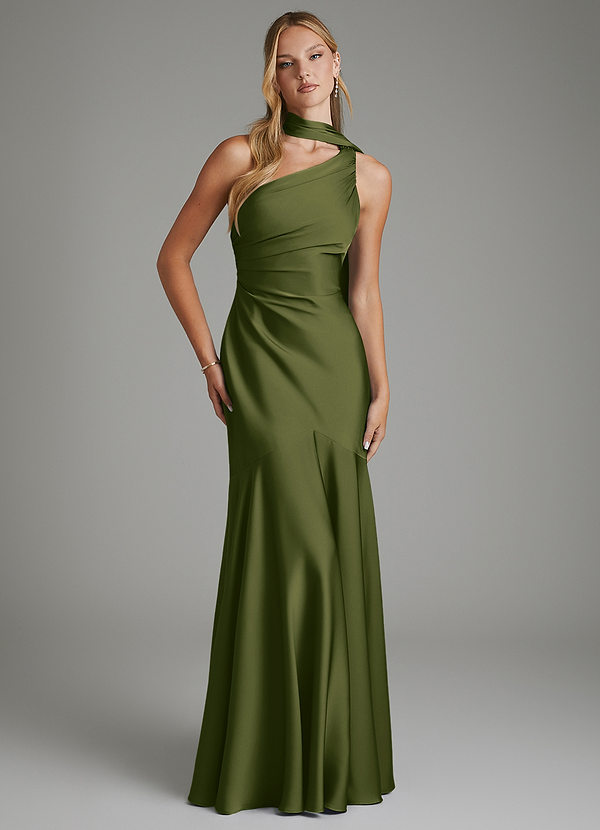 Amara Bridesmaid Dresses Bright Olive Mermaid One Shoulder Stretch Satin Dress image1